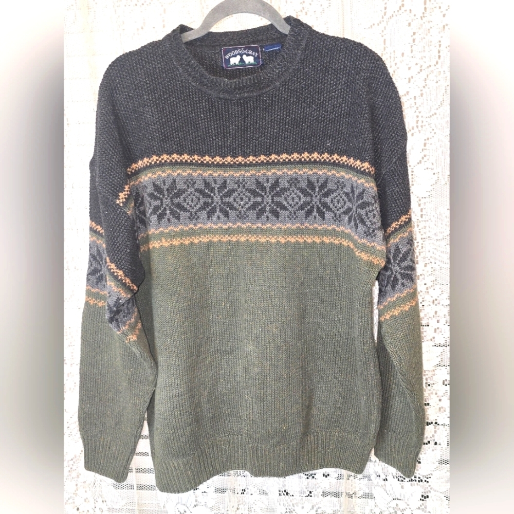 Woods & Gray Olive and Charcoal Crewneck Sweater, Mens Medium